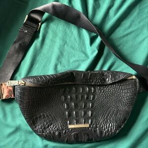 Brahmin Black Croc-Embossed Leather Zip Belt Bag with Gold Hardware